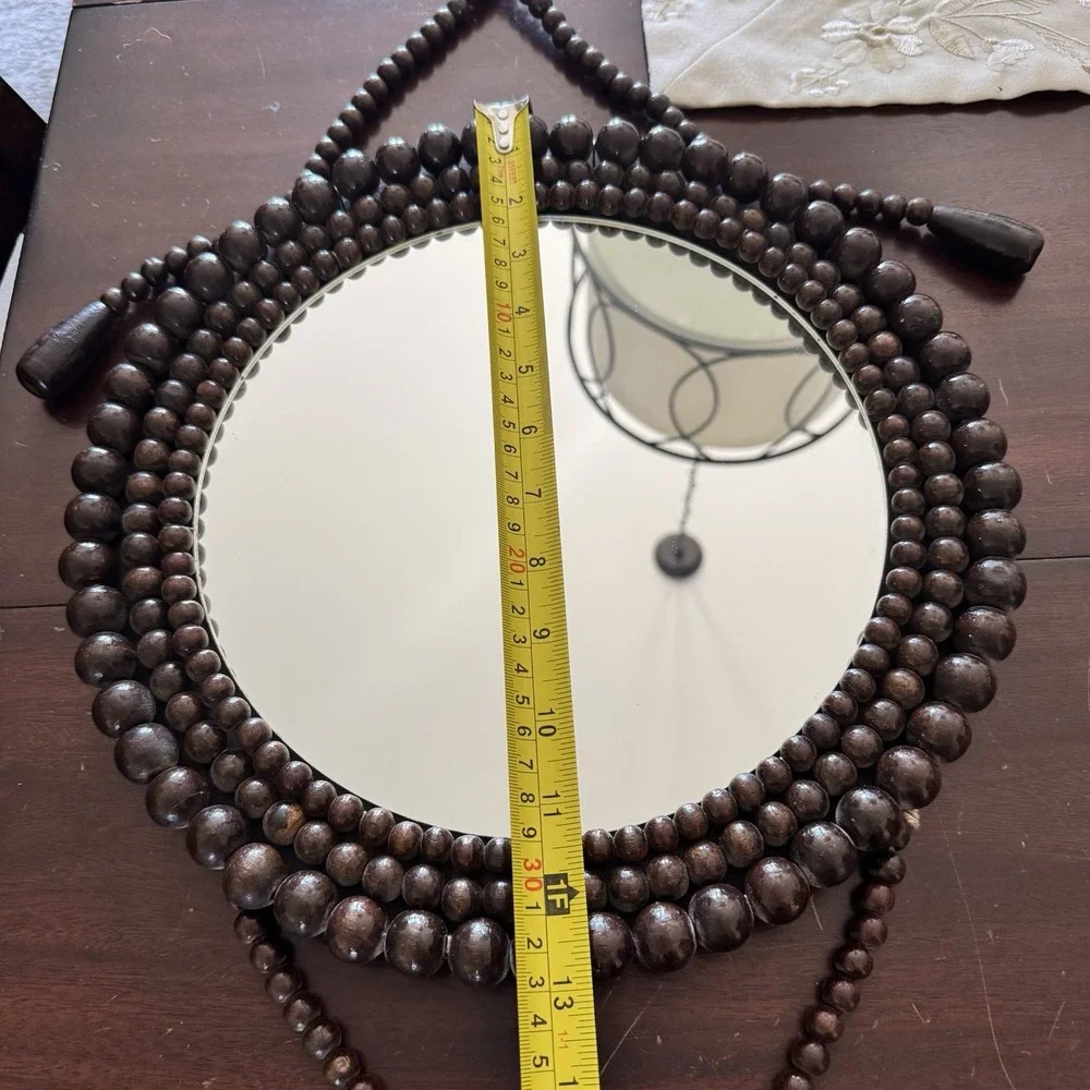 Vintage Hanging Wooden Beaded Round Mirror 1970s Boho Chic Eclectic Accent Wall